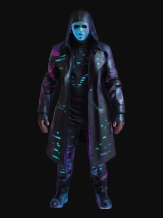3D model for A sleek, ghostlike figure, his thin, athletic frame wrapped in a futuristic black leather trench coat embedded with neon waveform patterns that pulse to the beat of his internal rhythm. His face is hidden behind a holographic DJ mask, constantly shifting between glowing symbols. His hands—fingerless, cybernetic, and razor-sharp.
