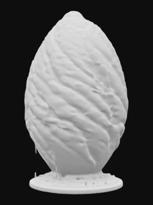 3D model for A gigantic cocoon-like structure, pulsating with an ethereal glow, wrapped in glistening silver threads. The surface is covered in intricate carvings of forgotten myths, and beneath the translucent shell, the outline of a massive, winged creature slumbers. Cracks form along its surface, releasing bursts of golden dust, as if something ancient and godlike is about to awaken. The ground trembles, and the air is thick with anticipation.