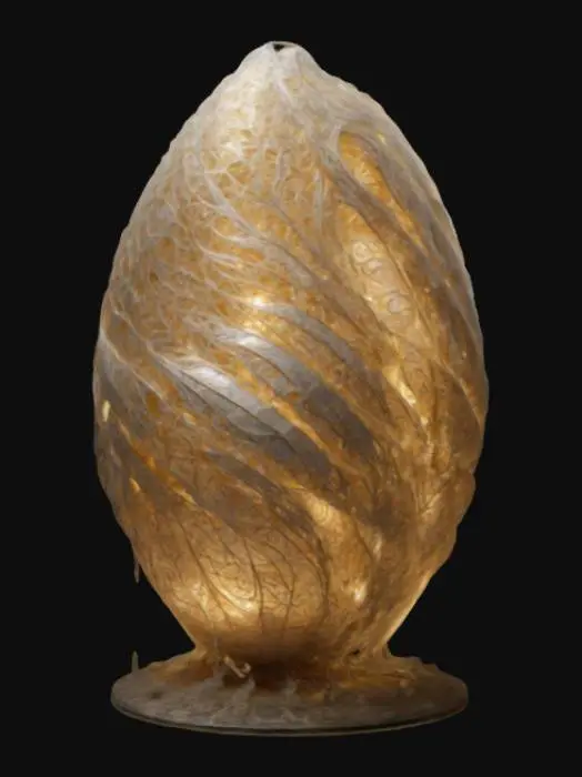 3D model for A gigantic cocoon-like structure, pulsating with an ethereal glow, wrapped in glistening silver threads. The surface is covered in intricate carvings of forgotten myths, and beneath the translucent shell, the outline of a massive, winged creature slumbers. Cracks form along its surface, releasing bursts of golden dust, as if something ancient and godlike is about to awaken. The ground trembles, and the air is thick with anticipation.