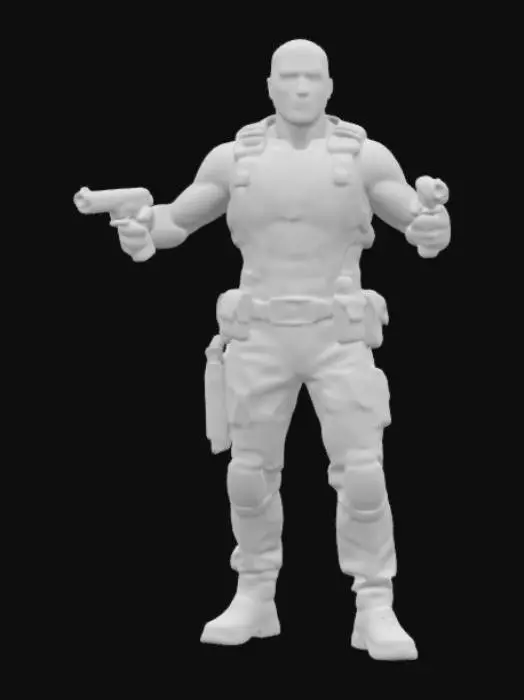 3D model for highly detailed, realistic 3D model of The Punisher, posed dynamically in an aggressive, action-packed stance—such as firing dual pistols, reloading a shotgun, or standing atop rubble with an intense glare.  battle-hardened physique, scars, stubble, and a brutal expression. Outfit: Black tactical gear, bulletproof vest with a bold, weathered white skull emblem, ammo belts, and rugged combat boots. Add gritty textures, dirt, and gunpowder residue 