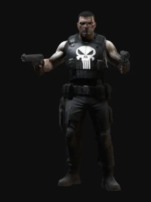 3D model for highly detailed, realistic 3D model of The Punisher, posed dynamically in an aggressive, action-packed stance—such as firing dual pistols, reloading a shotgun, or standing atop rubble with an intense glare.  battle-hardened physique, scars, stubble, and a brutal expression. Outfit: Black tactical gear, bulletproof vest with a bold, weathered white skull emblem, ammo belts, and rugged combat boots. Add gritty textures, dirt, and gunpowder residue 