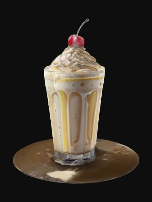 3D model for hyper realism, vanilla milkshake, malt, creamy, detailed, delicious, liquid texture, old fashioned, glass, reflective