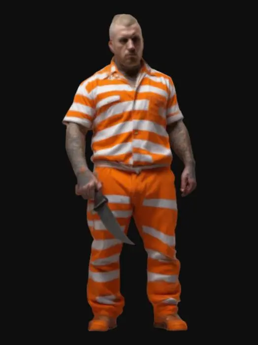 3D model for hyperrealism, male White prisoner, orange prison outfit, tattoos, criminal, thug, dangerous, knife