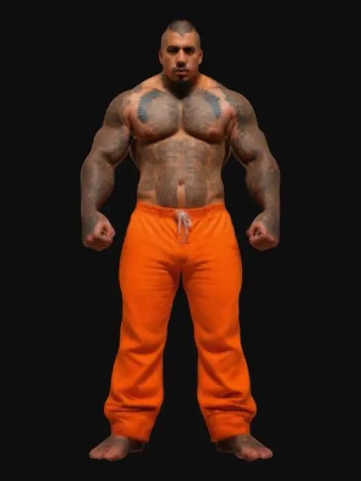 3D model for hyperrealism, male Hispanic prisoner, orange prison pants, full body tattoos, criminal, thug, dangerous, fist clench