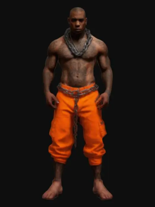 3D model for hyperrealism, detail, Black male, prisoner, orange prison pants, deadly chains, tattoos, criminal, thug, dangerous, humanoid, vascular