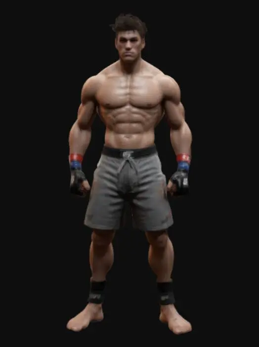 3D model for a fit, athletic 3D young martial artist, a muscular yet lean build with strong legs, toned arms, modern casual clothing, overhead lighting, ensure clean topology, avoid distortions or unnatural proportions, #game figure#