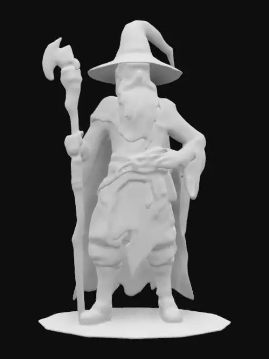 3D model for Hand-painted, inked, stylized mage in Call of Duty’s art style. Rough brush strokes, thick outlines, and bold cel-shading. Skin is healthy, semi smooth gradients. Hatching shadows, painterly blending. Aged, weathered, and gritty--avoid soft lighting or lifelike details. Use high contrast and comic book-style shading. , #game figure#