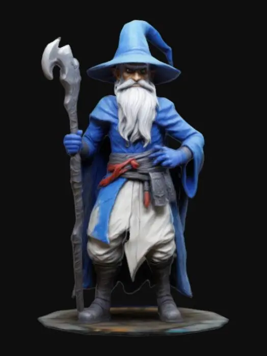 3D model for Hand-painted, inked, stylized mage in Call of Duty’s art style. Rough brush strokes, thick outlines, and bold cel-shading. Skin is healthy, semi smooth gradients. Hatching shadows, painterly blending. Aged, weathered, and gritty--avoid soft lighting or lifelike details. Use high contrast and comic book-style shading. , #game figure#