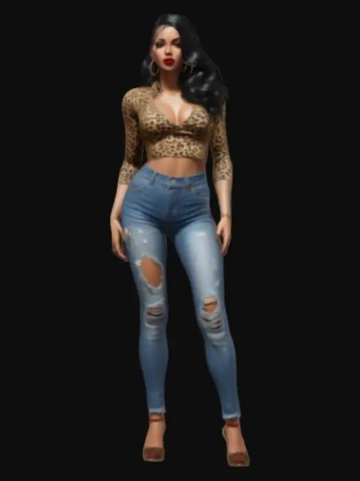 3D model for Slim, curvy figure. Long, voluminous black hair with a side part. Dark red lipstick and smoky eye makeup. Tight leopard-print crop top. High-waisted, ripped blue jeans. Gold hoop earrings and a silver anklet. Holding a lit cigarette between manicured fingers. Grand Theft Auto art style. Highly stylized. #game figure#