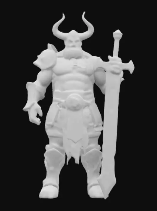 3D model for #game figure#, Towering, muscular warlord with a broad, battle-scarred frame. Clad in ancient, rusted plate armor with bold embossed engravings and jagged edges. Tattered black fur drapes over his shoulders. Gaunt, hollow eyes glow faintly beneath a cracked horned helm. Wielding a colossal, chipped greatsword, raised in an aggressive stance. High-resolution, chunky sculpted details with deep engravings and well-defined textures. Optimized for real-time rendering.