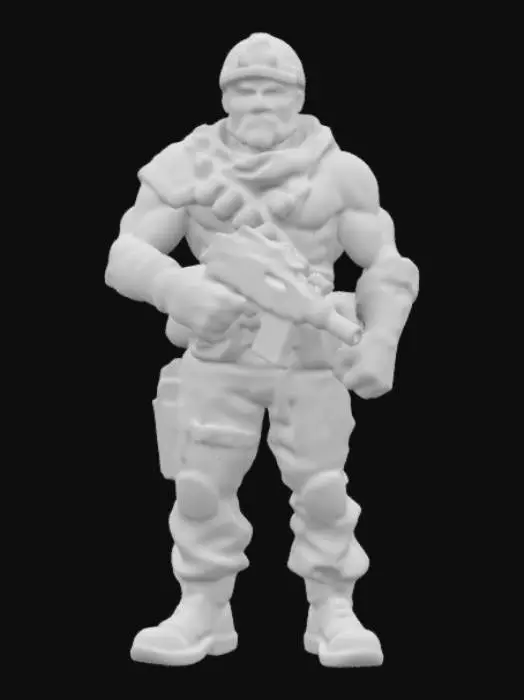 3D model for Hand-painted, inked, stylized military specialist in Darkest Dungeon 2’s art style. Rough brush strokes, thick outlines, and bold cel-shading. Skin is earthy and muted, no smooth gradients or realism. Visible battle scars, hatching shadows, and exaggerated muscles with rough, painterly blending. Aged, weathered, and gritty--avoid soft lighting or lifelike details. Use high contrast and comic book-style shading. , #game figure#