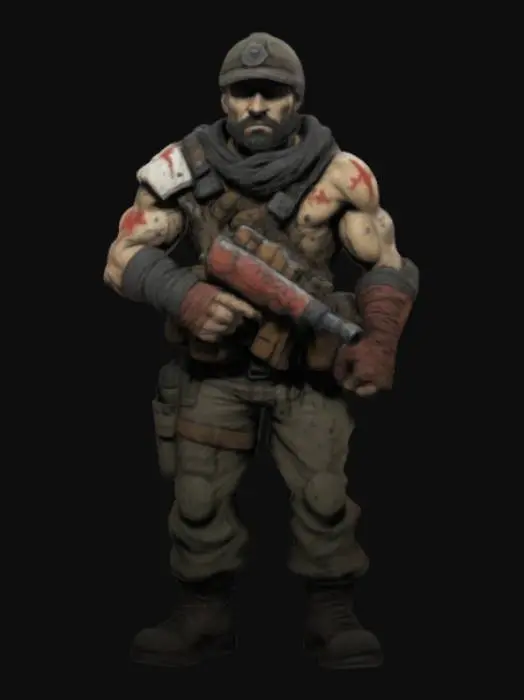3D model for Hand-painted, inked, stylized military specialist in Darkest Dungeon 2’s art style. Rough brush strokes, thick outlines, and bold cel-shading. Skin is earthy and muted, no smooth gradients or realism. Visible battle scars, hatching shadows, and exaggerated muscles with rough, painterly blending. Aged, weathered, and gritty--avoid soft lighting or lifelike details. Use high contrast and comic book-style shading. , #game figure#