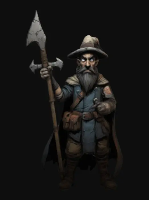 3D model for Hand-painted, inked, stylized mage in Darkest Dungeon 2’s art style. Rough brush strokes, thick outlines, and bold cel-shading. Skin is healthy, semi smooth gradients. Hatching shadows, painterly blending. Aged, weathered, and gritty--avoid soft lighting or lifelike details. Use high contrast and comic book-style shading. , #game figure#