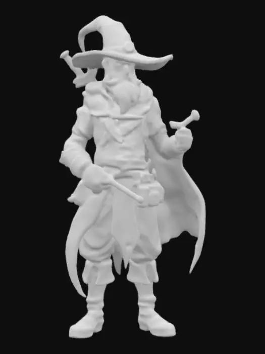 3D model for Hand-painted, inked, stylized mage in Call of Duty’s art style. Rough brush strokes, thick outlines, and bold cel-shading. Skin is healthy, semi smooth gradients. Hatching shadows, painterly blending. Aged, weathered, and gritty--avoid soft lighting or lifelike details. Use high contrast and comic book-style shading. , #game figure#