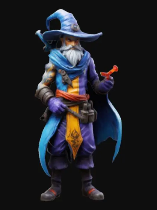 3D model for Hand-painted, inked, stylized mage in Call of Duty’s art style. Rough brush strokes, thick outlines, and bold cel-shading. Skin is healthy, semi smooth gradients. Hatching shadows, painterly blending. Aged, weathered, and gritty--avoid soft lighting or lifelike details. Use high contrast and comic book-style shading. , #game figure#