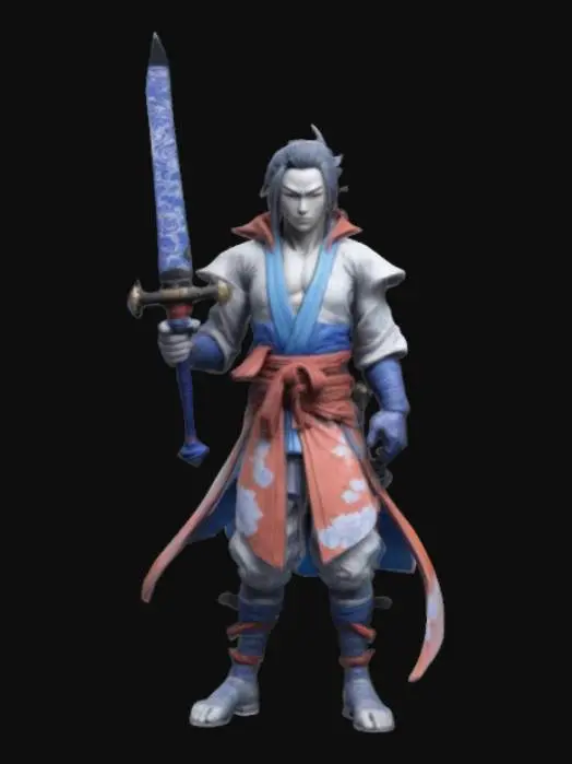 3D model for Hand-painted, inked, stylized, magic swordsman in Final Fantasy art style, vibrant, colorful, clean #game figure#