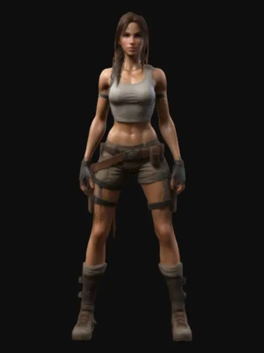 3D model for a fit, athletic 3D young female adventurer, a muscular yet lean build with strong legs, hips, sexy physique, overhead lighting, ensure clean topology, avoid distortions or unnatural proportions, high detail, Tomb Raider art style #game figure#