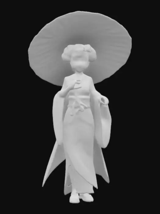 3D model for Hand-painted, inked, stylized, stunning female protagonist in Ukiyo-e art style, exuberant, feminine, clean #game figure#