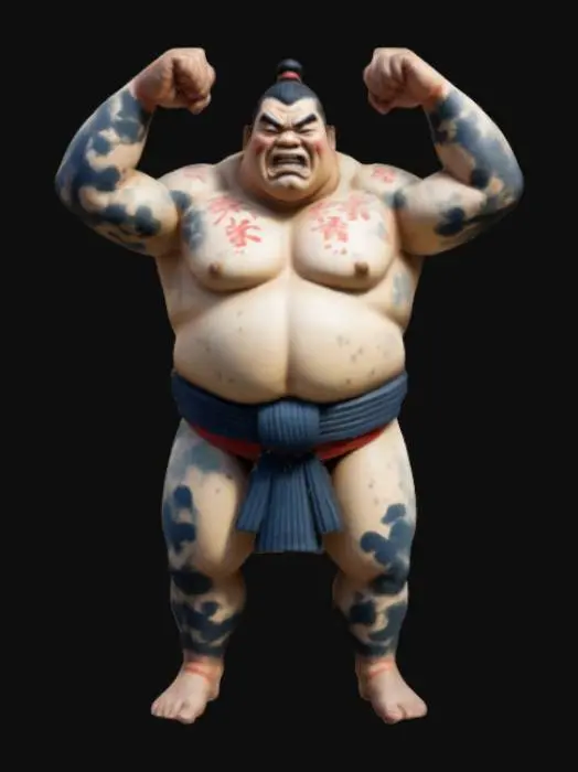 3D model for Hand-painted, inked, stylized, huge sumo wrestler, Ukiyo-e art style, energetic, masculine, clean #game figure#