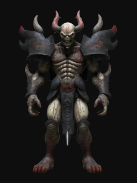 3D model for Hand-painted, inked, stylized, Demented warrior, Junji Ito art style, bold, clean, game ready, historical significance, immense power, corrupt, horror #game figure#