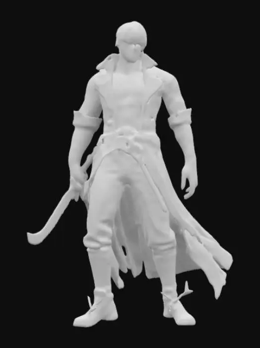 3D model for Hand-painted, inked, stylized, cursed swordsman, Devil May Cry art style, vibrant, clean, game ready, #game figure#