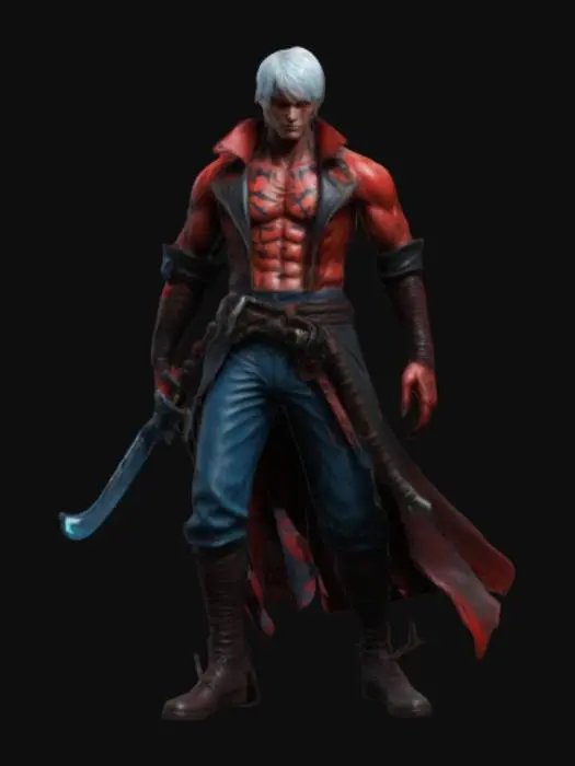 3D model for Hand-painted, inked, stylized, cursed swordsman, Devil May Cry art style, vibrant, clean, game ready, #game figure#