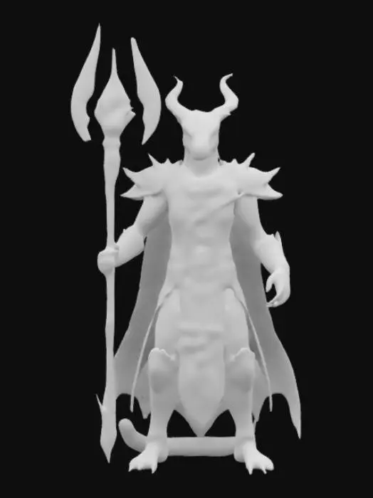 3D model for A mystical Argonian warrior, her obsidian-black scales shimmering with faint violet runes. She wears a flowing deep-blue robe, enchanted to deflect lesser spells. Her serpentine eyes glow silver, a sign of her connection to lost Dwemer relics. She wields a twin-bladed staff, humming with arcane energy, and her voice carries a whisper of forgotten magics, able to stun enemies or summon spectral allies from the void, #game figure#