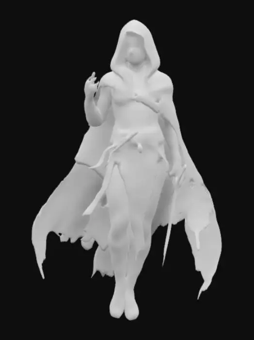 3D model for A mysterious Dunmer assassin, her ashen skin covered in shifting, ink-black tattoos that let her blend into the shadows. Her piercing crimson eyes glimmer with hidden knowledge, and her movements are silent as death itself. She wields two glass daggers, enchanted to drain the life essence of her victims. Her flowing, dark-blue cloak shifts between the material and spectral planes, allowing her to slip through walls like a ghost, #game figure#