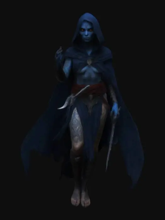 3D model for A mysterious Dunmer assassin, her ashen skin covered in shifting, ink-black tattoos that let her blend into the shadows. Her piercing crimson eyes glimmer with hidden knowledge, and her movements are silent as death itself. She wields two glass daggers, enchanted to drain the life essence of her victims. Her flowing, dark-blue cloak shifts between the material and spectral planes, allowing her to slip through walls like a ghost, #game figure#