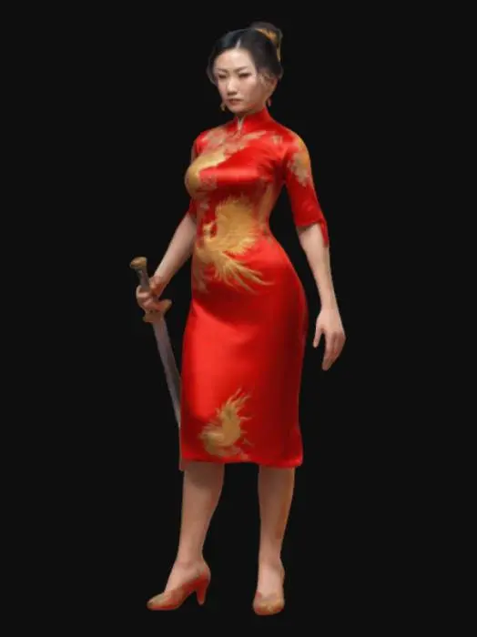 3D model for a fit, athletic 3D legendary crime boss, dressed in an elegant red silk cheongsam, embroidered with golden phoenix patterns. Her piercing jade eyes hide decades of cold, calculated manipulation. She carries a jade-inlaid dagger, said to be blessed by the spirits of her ancestors. Her presence alone commands respect, and her word can spark wars between rival Triads, overhead lighting, ensure clean topology, avoid distortions or unnatural proportions, #game figure#