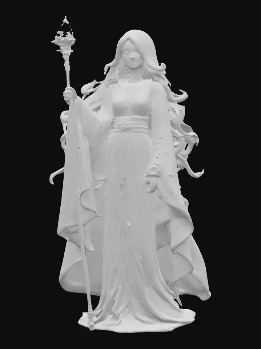 3D model for Radiant priestess with flowing silver-white hair, glowing ethereal aura, delicate facial features, long flowing robes embroidered with stars, holding a staff topped with crystal, serene yet alluring stance. Ultra-realistic skin