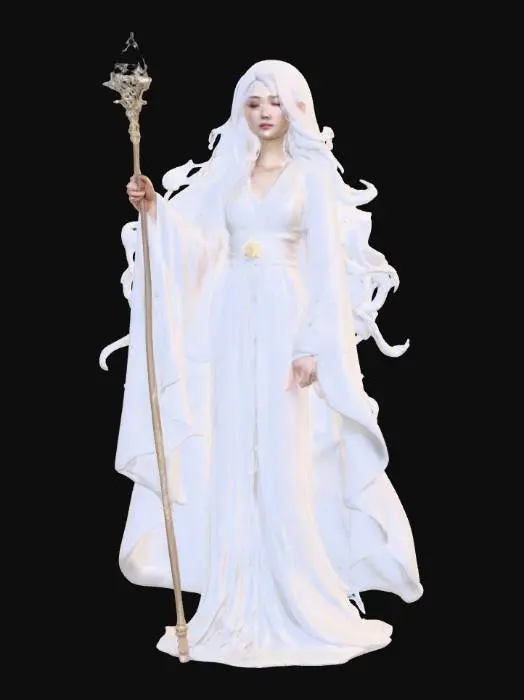 3D model for Radiant priestess with flowing silver-white hair, glowing ethereal aura, delicate facial features, long flowing robes embroidered with stars, holding a staff topped with crystal, serene yet alluring stance. Ultra-realistic skin