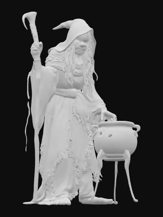 3D model for Hunched witch with twisted staff, long tangled hair, ragged robes stitched with bones, standing atop a chicken-legged cauldron, glowing eyes beneath hood, eerie Slavic folklore aesthetic, menacing stance.