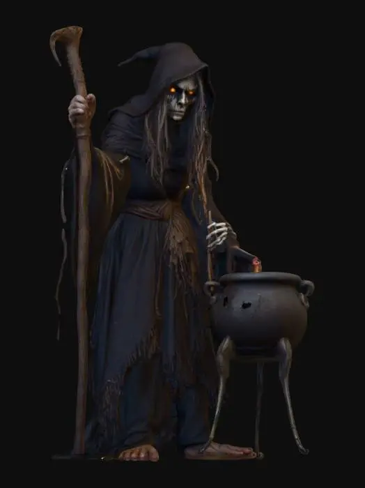 3D model for Hunched witch with twisted staff, long tangled hair, ragged robes stitched with bones, standing atop a chicken-legged cauldron, glowing eyes beneath hood, eerie Slavic folklore aesthetic, menacing stance.