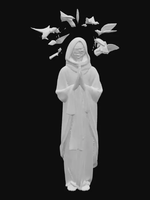 3D model for Elegant figure draped in layered robes, face entirely a polished mirror reflecting infinite fractals, halo made of fragmented glass shards floating behind, hands clasped in prayer with small doves flying from palms, ethereal surreal presence