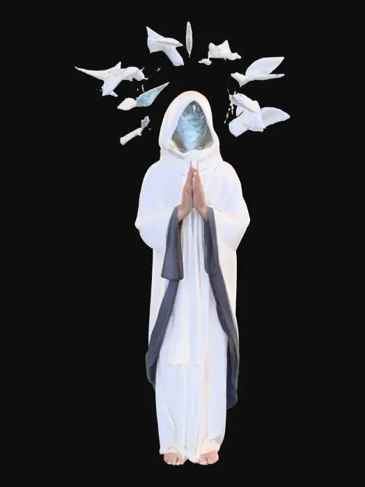 3D model for Elegant figure draped in layered robes, face entirely a polished mirror reflecting infinite fractals, halo made of fragmented glass shards floating behind, hands clasped in prayer with small doves flying from palms, ethereal surreal presence