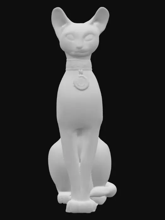 3D model for A pristine jade and onyx sculpture of a cat, seated upright with perfect symmetry. The surface is sleek, glossy, and highly polished, capturing the graceful curves of the feline form. Its eyes are carved from luminous jade, shining with gemstone brilliance. The tail curls smoothly around its body, flowing seamlessly into the design. Decorative engravings on a fine collar sparkle subtly, giving the sculpture an aura of refined mystery and elegance.
