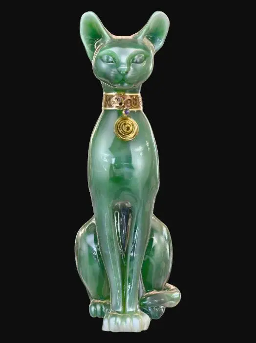 3D model for A pristine jade and onyx sculpture of a cat, seated upright with perfect symmetry. The surface is sleek, glossy, and highly polished, capturing the graceful curves of the feline form. Its eyes are carved from luminous jade, shining with gemstone brilliance. The tail curls smoothly around its body, flowing seamlessly into the design. Decorative engravings on a fine collar sparkle subtly, giving the sculpture an aura of refined mystery and elegance.