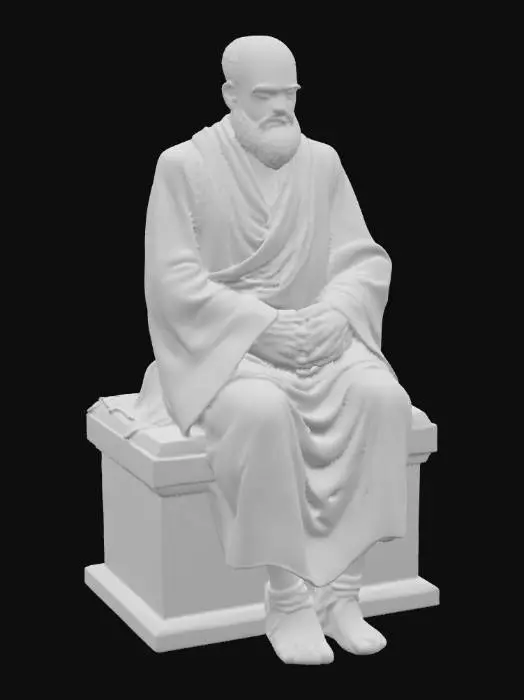 3D model for A dignified bronze sculpture of an elderly man seated on a smooth stone bench, finished with a flawless high polish. His robes flow with clean, deep folds, their surfaces gleaming with metallic warmth. His face is detailed with fine, sharp lines — each wrinkle carefully sculpted yet elegant, conveying wisdom rather than age-wear. The bronze shines with a mirror-like sheen, rich golden-brown tones glowing under light. The entire composition is timeless, refined, and majestic.