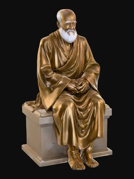 3D model for A dignified bronze sculpture of an elderly man seated on a smooth stone bench, finished with a flawless high polish. His robes flow with clean, deep folds, their surfaces gleaming with metallic warmth. His face is detailed with fine, sharp lines — each wrinkle carefully sculpted yet elegant, conveying wisdom rather than age-wear. The bronze shines with a mirror-like sheen, rich golden-brown tones glowing under light. The entire composition is timeless, refined, and majestic.