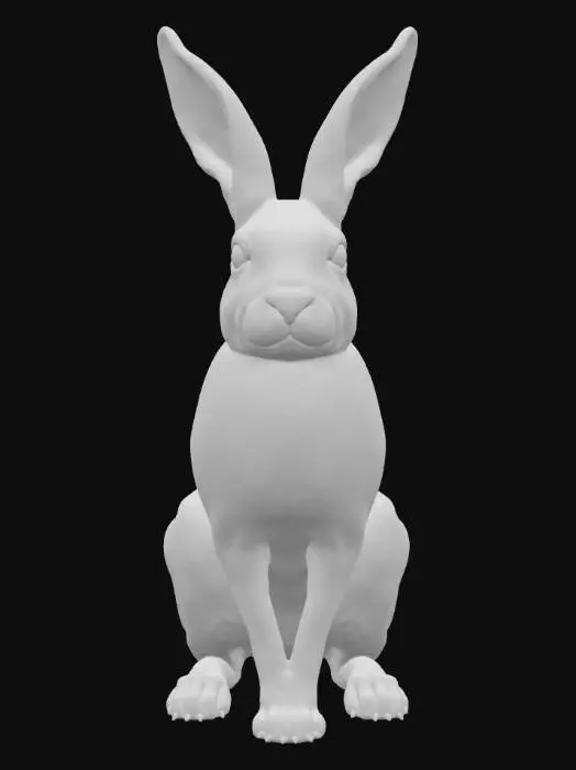 3D model for Elegant white hare standing upright with ethereal, mythic presence, soft fur shimmering with pale glow, long delicate ears flowing like silk, ornate markings faintly glowing along body, eyes bright and intelligent, posed gracefully as if telling a story, surrounded by subtle divine aura, Japanese folklore art style.