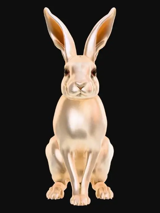 3D model for Elegant white hare standing upright with ethereal, mythic presence, soft fur shimmering with pale glow, long delicate ears flowing like silk, ornate markings faintly glowing along body, eyes bright and intelligent, posed gracefully as if telling a story, surrounded by subtle divine aura, Japanese folklore art style.