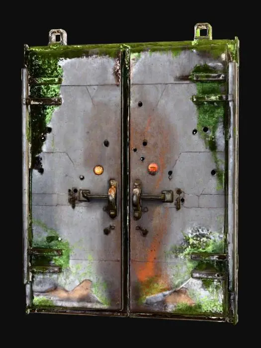 3D model for An underground military bunker half-buried in rubble and overgrowth, created in Unreal Engine. The reinforced steel blast doors are scarred with bullet holes and rust. Broken concrete walls are overtaken by vines and moss, while debris and abandoned vehicles litter the entrance. Flickering warning lights cast a dim red glow across the scene. The textures emphasize cracked concrete, rusted metal, and overgrown foliage. The atmosphere conveys survival, tension, and forgotten wars.