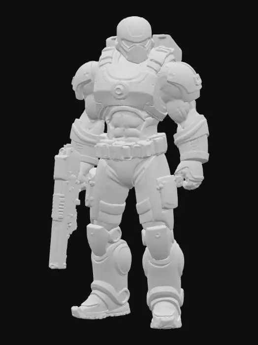 3D model for Doomguy from the video game Doom, full-body shot, hyper-realistic, glowing green eyes, high resolution, 3d render, video game style, with a weapon in hand.