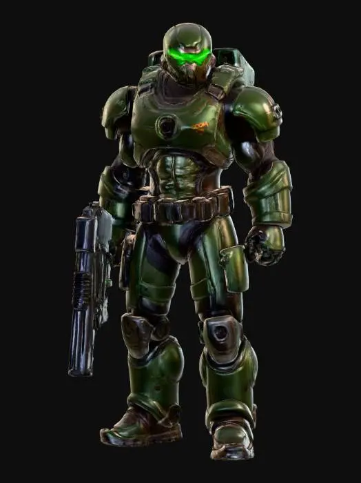 3D model for Doomguy from the video game Doom, full-body shot, hyper-realistic, glowing green eyes, high resolution, 3d render, video game style, with a weapon in hand.