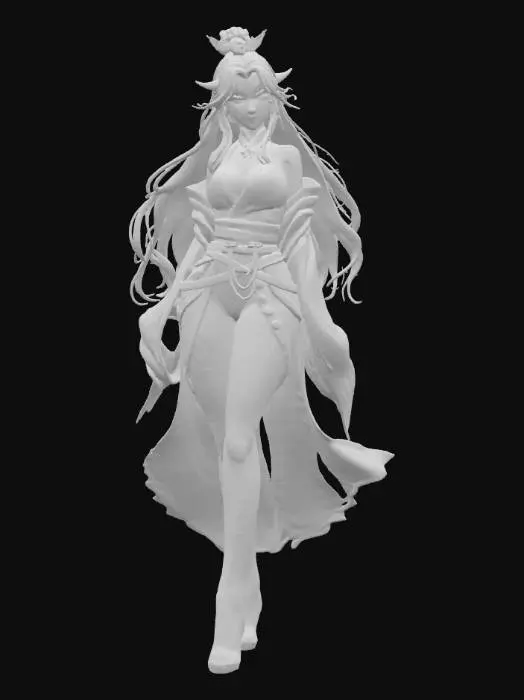 3D model for Full-body Unreal Engine render of a female character with long black hair, a curvy build, wearing a tight cherry blossom ninja outfit. non-metallic texturing.