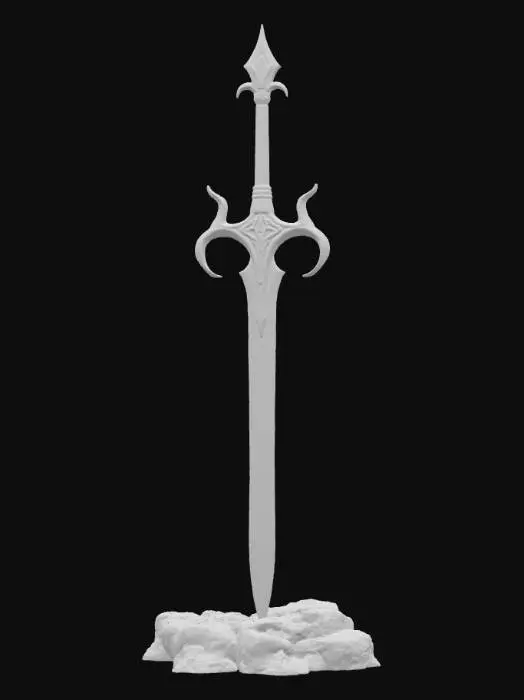 3D model for 3d concept art of a giant sword made out of black obsidian with red glowing runes on the blade, placed on a pedestal of lava