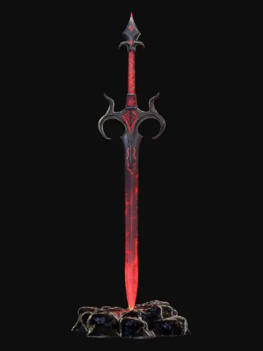 3D model for 3d concept art of a giant sword made out of black obsidian with red glowing runes on the blade, placed on a pedestal of lava