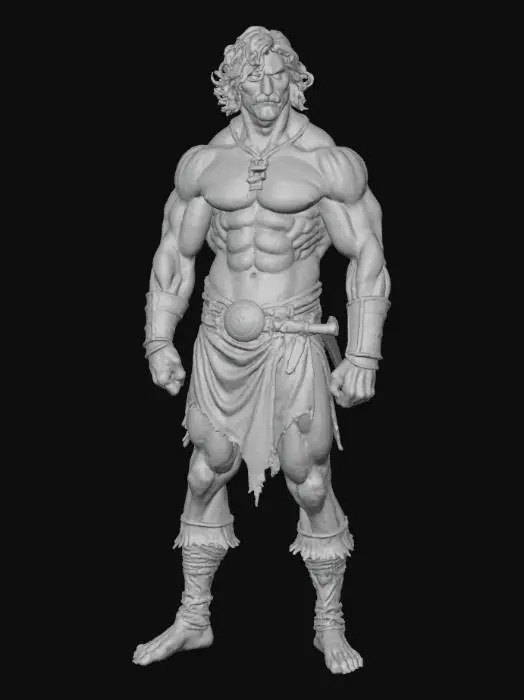 3D model for full-body unreal engine 5 render of a handsome, muscular Greek male warrior with black hair and grey eyes, wearing a short loincloth. in the style of Frank Frazetta's paintings.
