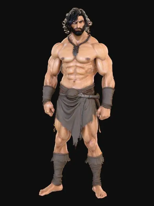 3D model for full-body unreal engine 5 render of a handsome, muscular Greek male warrior with black hair and grey eyes, wearing a short loincloth. in the style of Frank Frazetta's paintings.